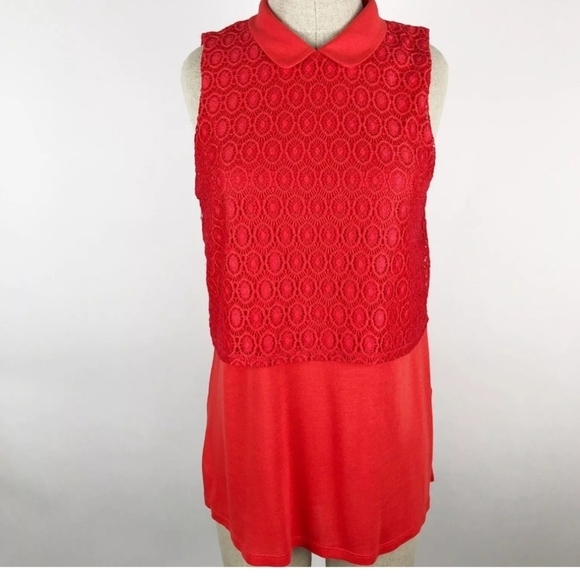 ELLE Orange Collared Lace Overlay Sleeveless Collared Blouse Size M - Picture 9 of 10